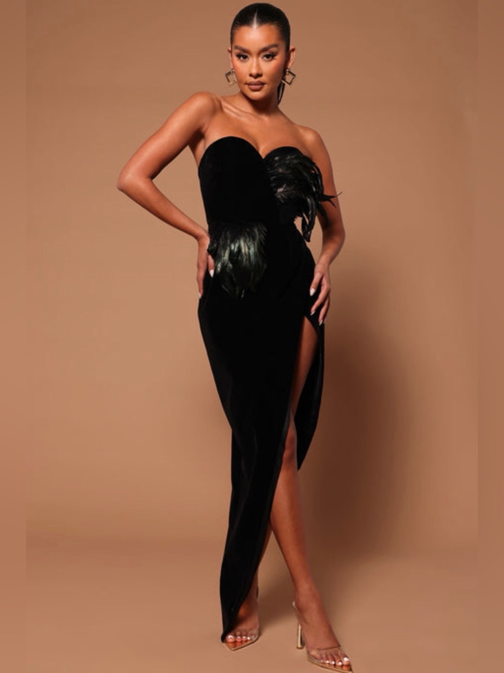 Black Velvet Feather Trim Strapless Sweetheart Asymmetric Party Dress Womens XL
